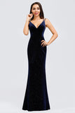 V-Neck Spaghetti Straps Velvet Dark Navy Blue Mermaid Evening Dress, Prom Dresses SJS15480