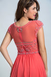 Prom Dresses Scoop A Line Chiffon With Beading Cap Sleeves