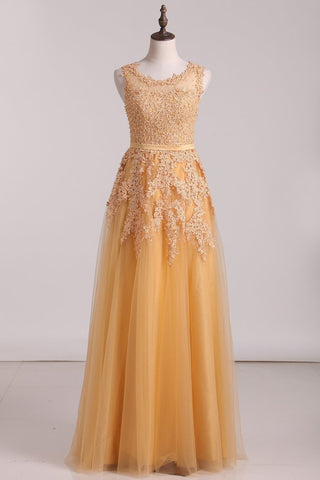 Prom Dresses Scoop A Line Tulle With Applique Floor Length