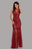 See Through Burgundy Mermaid Bateau Prom Dresses with Beading Tulle Party Dresses SJS15324