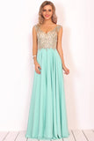 Open Back V Neck Beaded Bodice Prom Dresses A Line Chiffon Floor Length