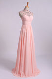 High Neck Prom Dresses A-Line Chiffon With Beads And Ruffles