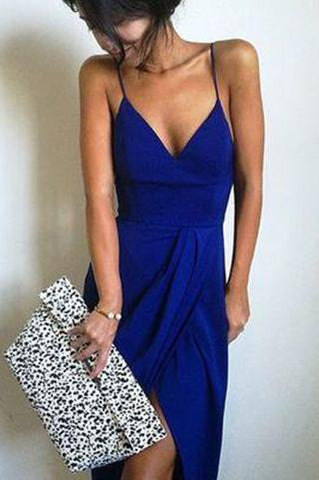 Long Royal Blue V-Neck Criss Cross Spaghetti Straps Slit Mermaid New Style Evening Dresses JS58