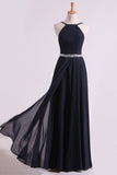 Prom Dresses Spaghetti Straps Beaded Waistline Chiffon Open Back