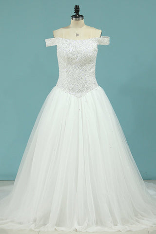 A Line Wedding Dresses Boat Neck Beaded Bodice Chapel Train