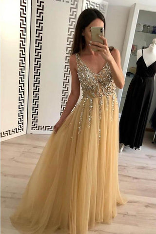 Champagne Tulle Beading A-Line V-Neck Prom Dresses WIth Sweep Train