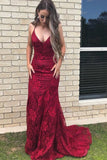 Elegant Straps V Neck Burgundy Lace Mermaid Long Evening Dresses, Prom Dresses SJS15206