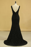 Black Lace Evening Dresses V Neck Open Back Sweep Train Sheath Size 8