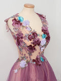 Elegant A line Burgundy Tulle Flower Prom Dresses Scoop Appliqued Party Dresses SJS15144