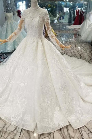 Ball Gown Wedding Dresses High Neck Long Sleeves A-Line Lace Up Back