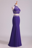 Halter Two-Piece Beaded Bodice Sheath Open Back Prom Dresses Spandex & Tulle Floor Length