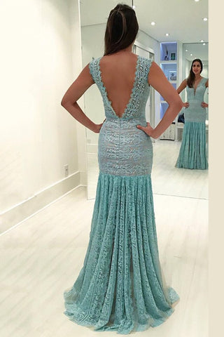 New Arrival V Neck Lace Mermaid Prom Dresses Sweep Train