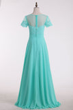 Bridesmaid Dresses Scoop Short Sleeve Chiffon & Lace Floor Length