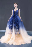 Ball Gown Ombre V Neck Tulle Royal Blue Long Prom Dresses, Quinceanera Dresses SJS15067