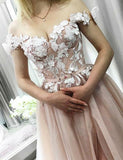 A Line Off the Shoulder Sweetheart Beads Tulle Pink Prom Dresses with Applique SJS15007