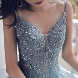 Spaghetti Straps Blue Gray Tulle V Neck Long Ruffles Prom Dresses with Lace Applique SJS15411