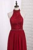 Prom Dresses Sheath Halter Lace & Chiffon Sweep Train Detachable