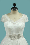 Wedding Dresses A Line V Neck Lace & Tulle With Sash Sweep Train