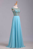 Elegant Prom Dresses A-Line Scoop Beaded Bodice Floor-Length Chiffon Zipper Back