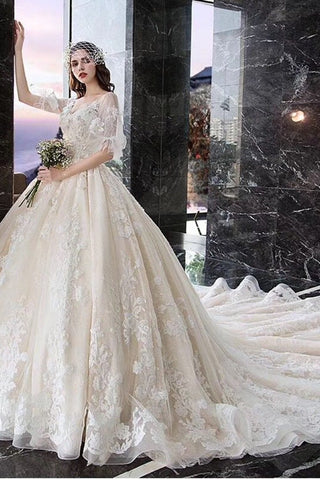 Ball Gown Wedding Dresses V Neck Half Sleeves Appliques Lace Up Back