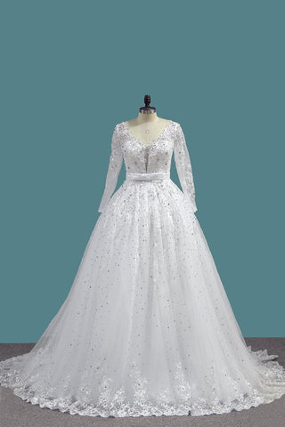 A Line Long Sleeves Wedding Dresses Tulle With Applique Sweep Train