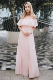 Charming Off Shoulder Ruffle Pink Chiffon Long Prom Dresses Bridesmaid Dresses SJS15114