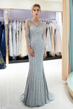 Beaded Evening Dresses Luxury Mermaid Crystal Sweep Train Long Sleeves Prom Dress