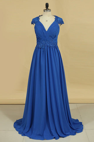 Chiffon V Neck With Applique And Ruffles A Line Evening Dresses