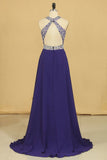 Halter Beaded Bodice Open Back Prom Dresses A Line Chiffon Sweep Train