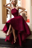 Burgundy/Maroon Lace Halter Prom Dress High Low