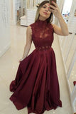 High Neck Prom Dresses A Line Satin Appliques With Beads Sweep Train