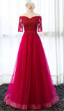 Elegant Half Sleeve Tulle Appliques Sweetheart Red A-Line Floor-Length Prom Dresses JS223