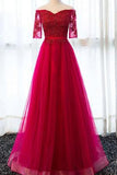 Elegant Half Sleeve Tulle Appliques Sweetheart Red A-Line Floor-Length Prom Dresses JS223