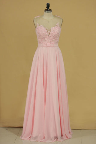 A Line Scoop With Sash And Applique Chiffon Prom Dresses