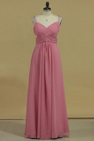 Cross Back Straps A Line Prom Dresses With Beads Chiffon Floor Length