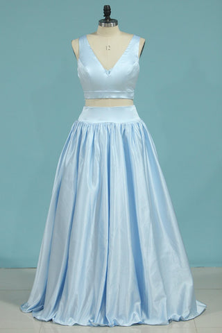 V Neck Two-Piece Prom Dresses A Line Satin With Beads Floor Length