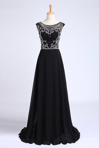 Prom Dresses A-Line Scoop Dark Navy Blue Long Chiffon Chic Dresses