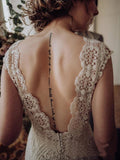 Vintage Lace Appliques Ivory V Neck Cap Sleeves Mermaid Wedding Dresses, Wedding Gowns SJS15542