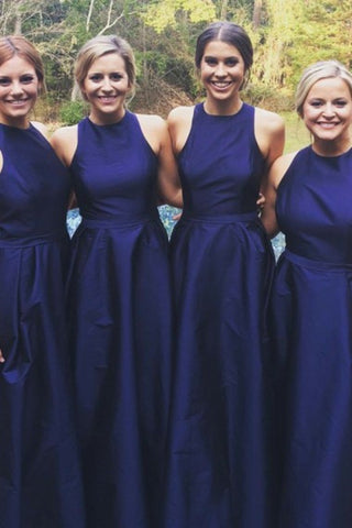 Royal Blue A-Line Satin Scoop Simple Cheap Long Bridesmaid Dresses