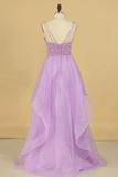 A Line Prom Dresses Beaded Bodice Spaghetti Straps Organza Floor Length