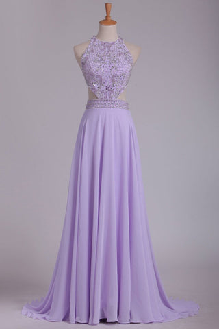 Scoop Prom Dresses A Line Chiffon With Beading Sweep Train