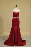 Satin Sweetheart Evening Dresses Beaded Waistline Sweep Train Mermaid