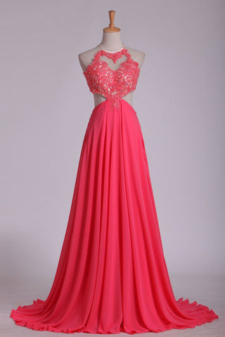 Sexy Open Back Halter A Line Prom Dresses Chiffon With Applique Sweep Train