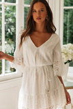 A Line Long Sleeve White Simple Lace Short Sexy Criss Cross Above Knee Homecoming Dress JS783