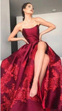 Unique A Line Strapless Burgundy Satin Prom Dresses with Appliques, Formal Dresses SJS15454