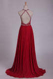 Halter A Line Prom Dresses Beaded Bodice Sweep Train Chiffon & Tulle Open Back