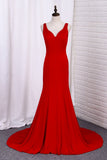 New Arrival Prom Dresses V Neck Spandex Mermaid Sweep Train