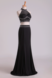 Black Halter Two-Piece Beaded Bodice Mermaid Open Back Prom Dresses Spandex & Tulle Floor Length