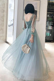 Elegant Long Sleeves Appliqued Tulle Prom Dresses, Floor Length Appliques Evening Dresses SJS15175