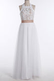 Simple A-Line White Open Back Jewel Sleeveless Floor-Length Lace Top Halter Wedding Dress JS381